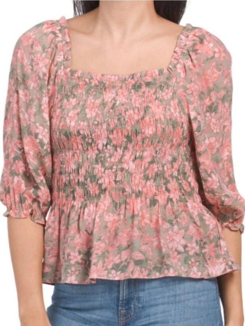 NANETTE LEPORE Pink Floral Smocked Peplum Peasant Top Puffed Elbow Sleeves Sz 8 - Picture 3 of 16